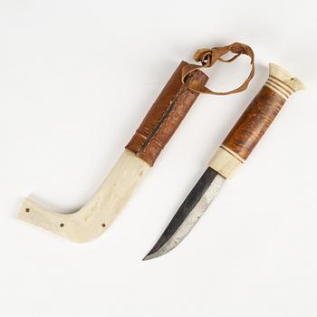 Johan Fankki, a reindeerhorn and leather knife, Kaitum, signed JF.