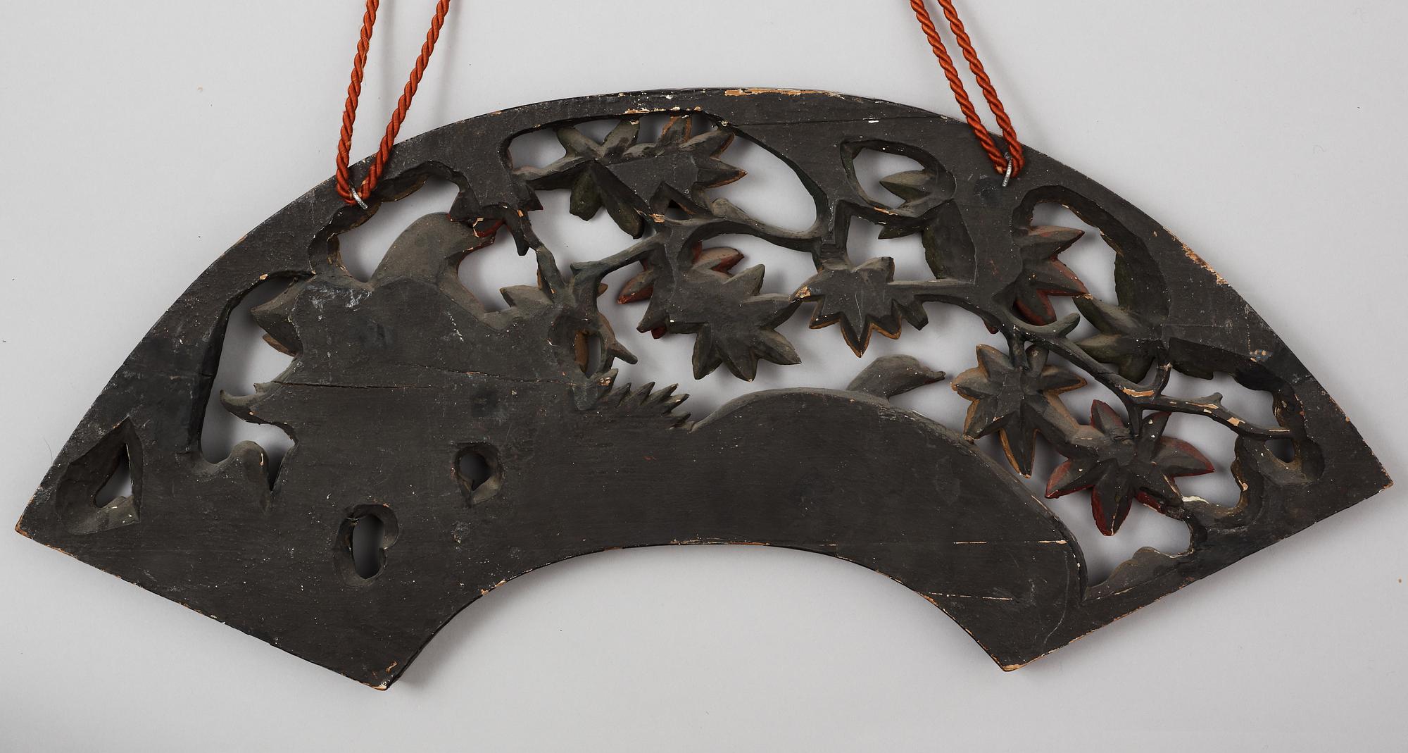 Two sun feather shaped carved and painted wooden decorative elements, with Mandarin ducks and Cranes. Qing dynasty, 19th Century.