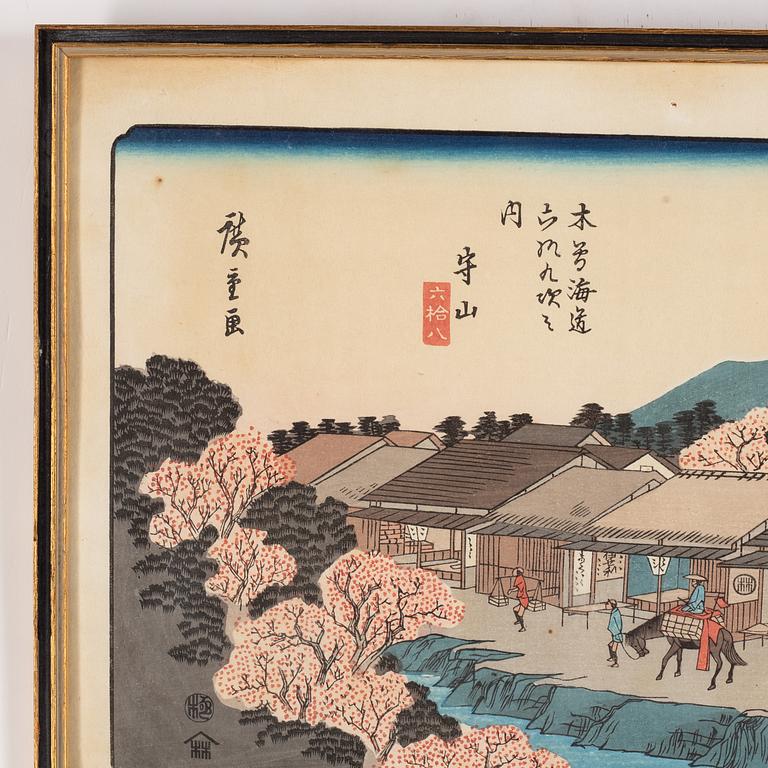 Keisen Eisen, efter, samt Hiroshige, efter. Färgträsnitt, 2 st, Japan, 1900-tal.