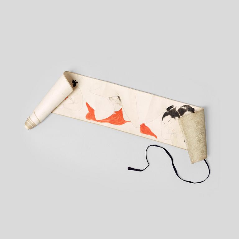 RULLMÅLNING, Shunga, "Kimono Sleeve", Japan, troligen tidigt 1900-tal.
