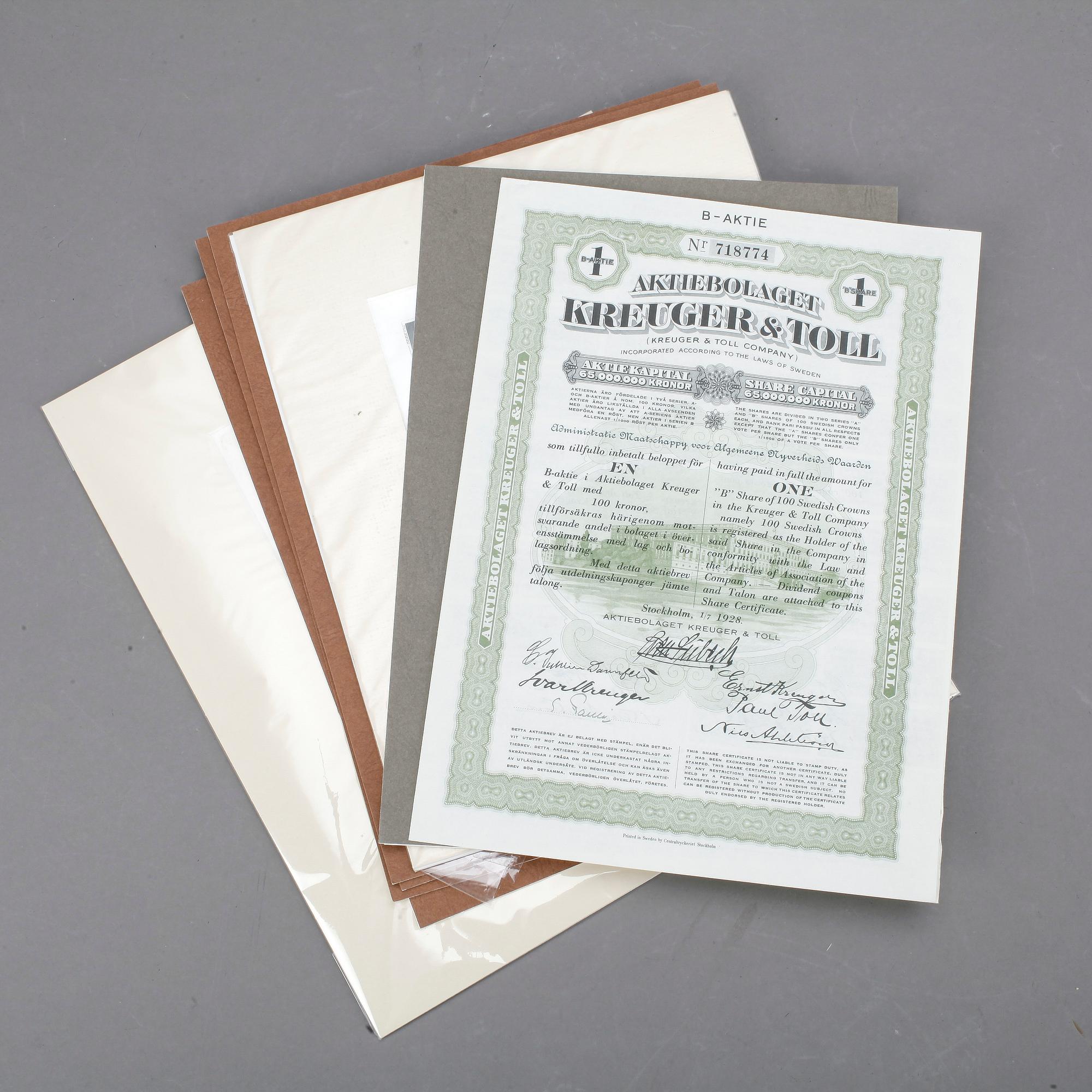 PARTI BÖRSMEMORABILIA, etsningar, 7 st samt aktiebrev från Kreuger & Toll.