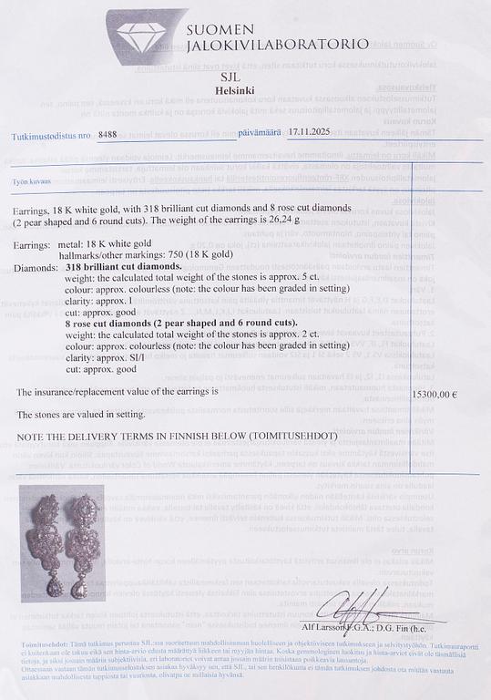 Örhängen, 18K vitguld samt briljant- och rosenslipade diamanter.