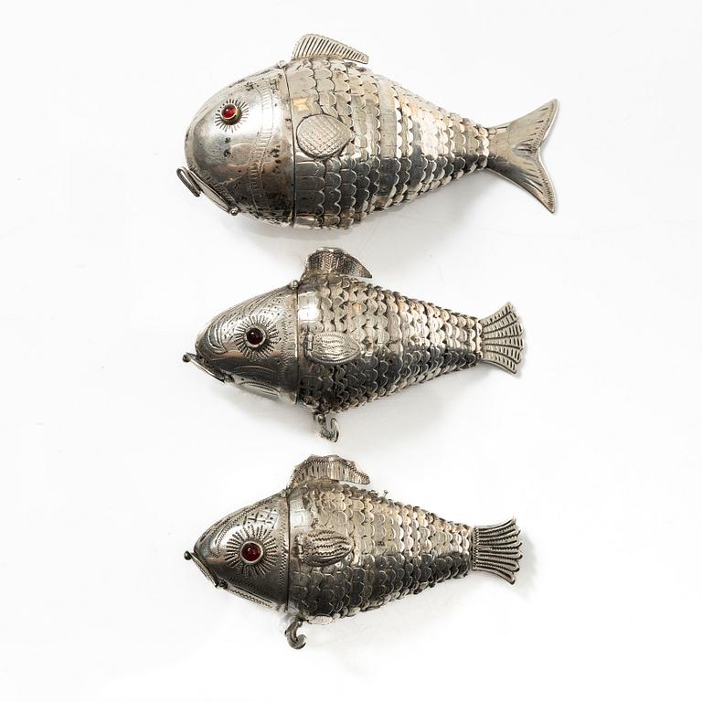 A set of three silver table decorations/boxes, 19th Century.