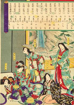 KUNITERU II (1829-74), färgträsnitt, triptyk samt OIDENTIFIERAD KONSTNÄR, färgträsnitt, 2 st. Japan, 1800-tal.