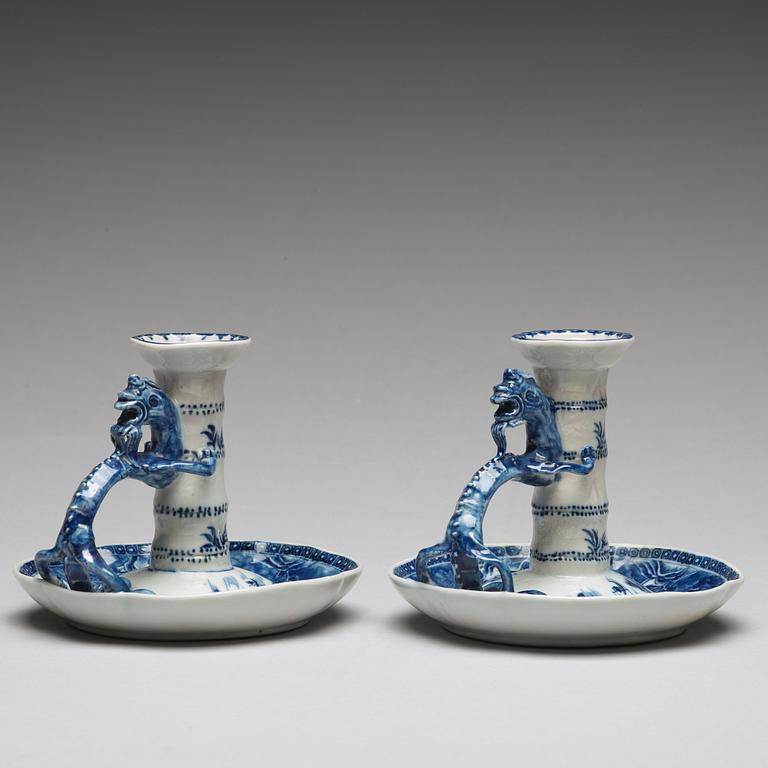 A pair of blue and white candle sticks, Qing dynasty, Qianlong (1736-95).