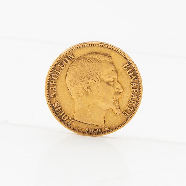 Gold coin 20 francs 1852 France Louis Napoleon.