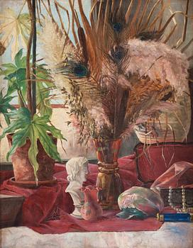 Anna Boberg, Still life with peacock feathers and seashell.