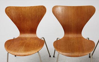 Arne Jacobsen, stolar, 4 st, "Sjuan" Fritz Hansen, Danmark, 1950/60-tal.