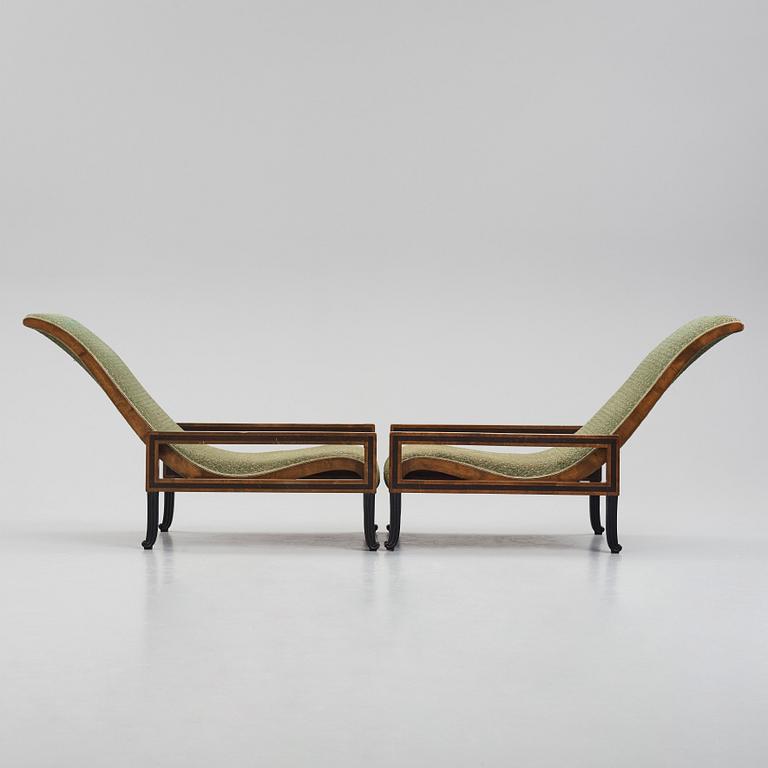 Carl Hörvik, a pair of mahogany-stained birch lounge chairs, Swedish Grace 1920s.