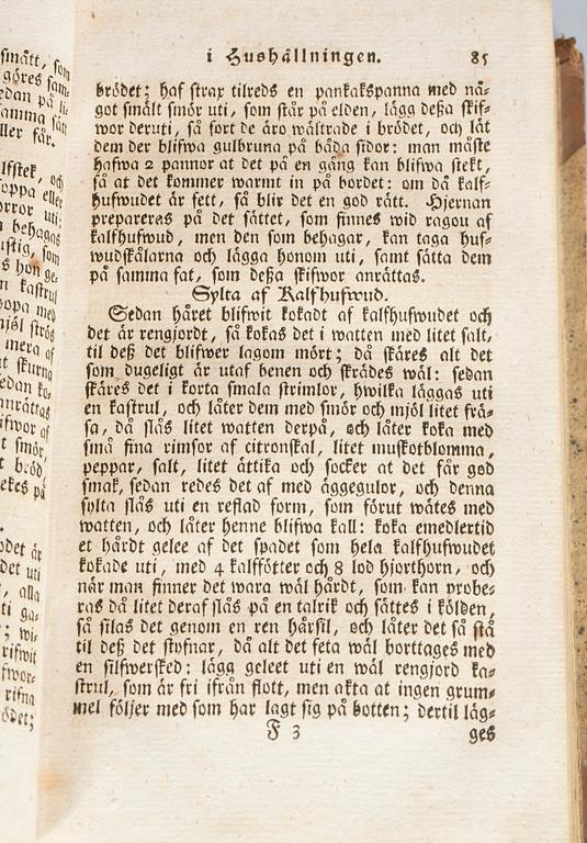 CAJSA WARG, "Hjelpreda i hushållningen för unga fruentimmer samt tilökt med en färgbok och et bihang" Stockholm 1800.