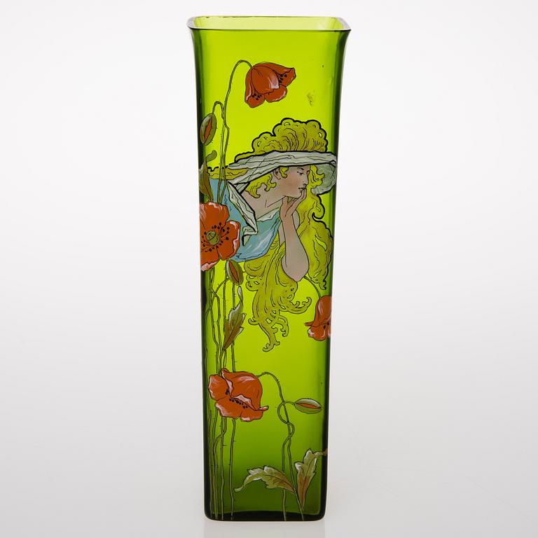A VASE, glas with painted decoration, Jugend ca 1900.