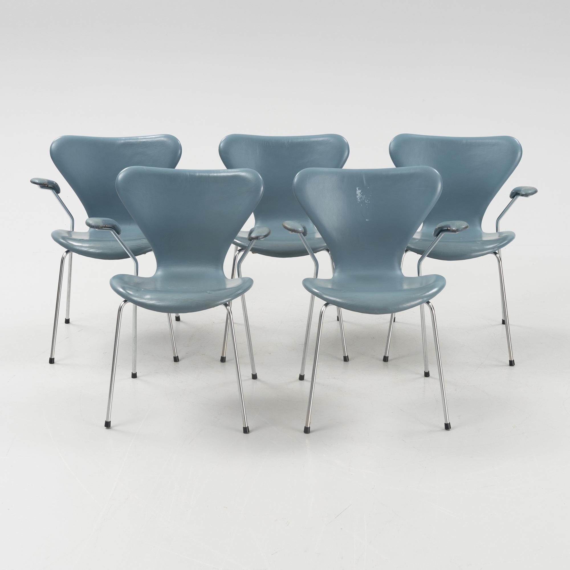 Arne Jacobsen, karmstolar, 5 st, "Sjuan", Fritz Hansen, Danmark, 1980-tal.