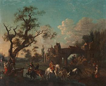 259. Philips Wouwerman Circle of, Figures and horses on a village street.