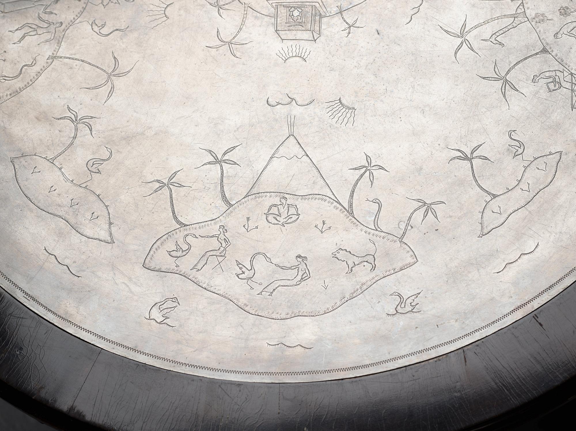 A Nils Fougstedt engraved pewter top table, Svenskt Tenn, Stockholm 1926.