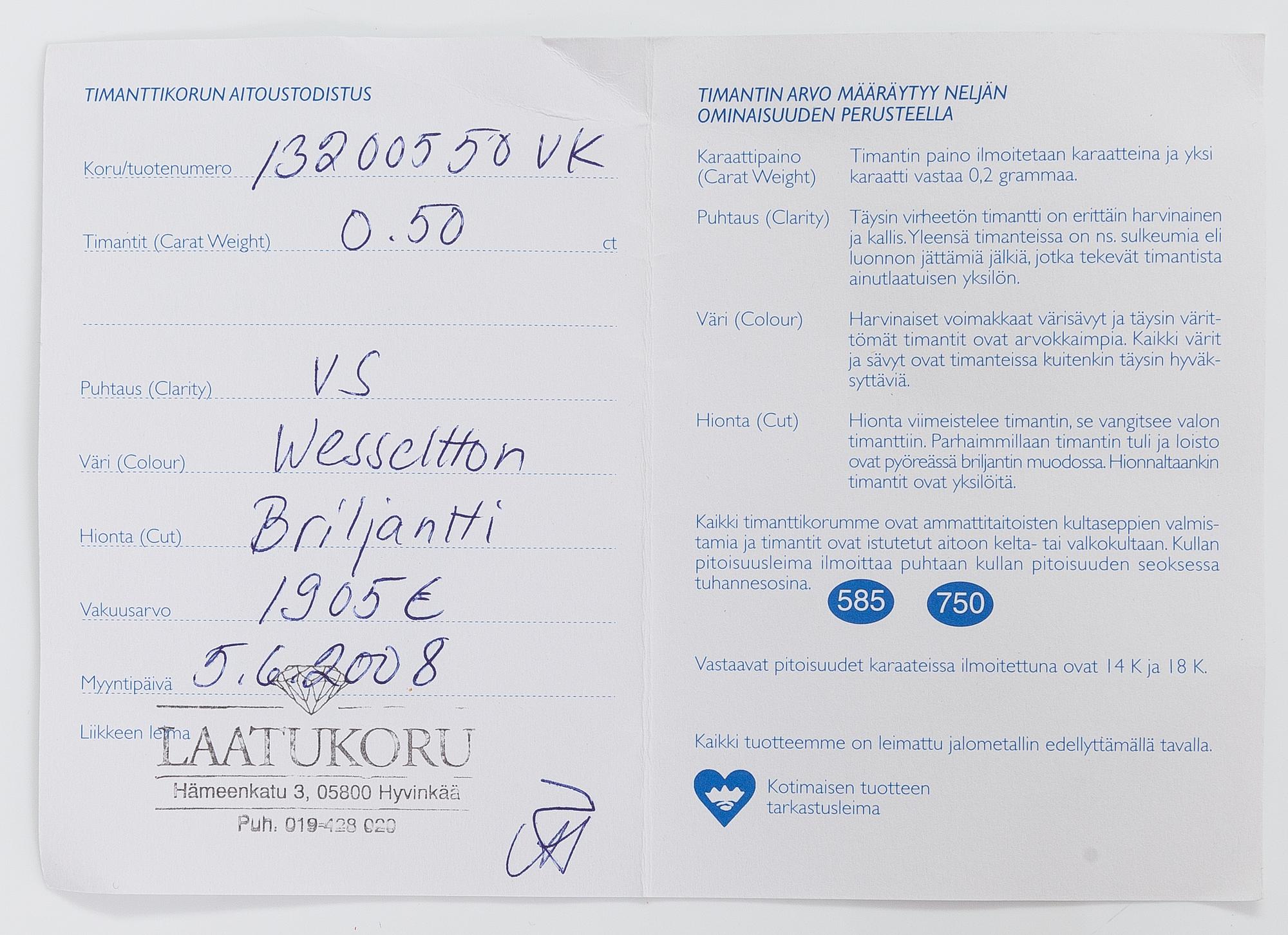 SORMUS, 14K kultaa, timantteja n. 0.50 ct yht. Mallikoru, Helsinki 2006.