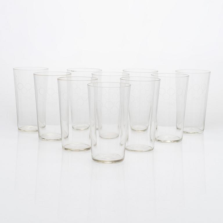 A set of 10 Olympic Games drinking glasses for the planned Summer Olympics in Helsinki 1940.