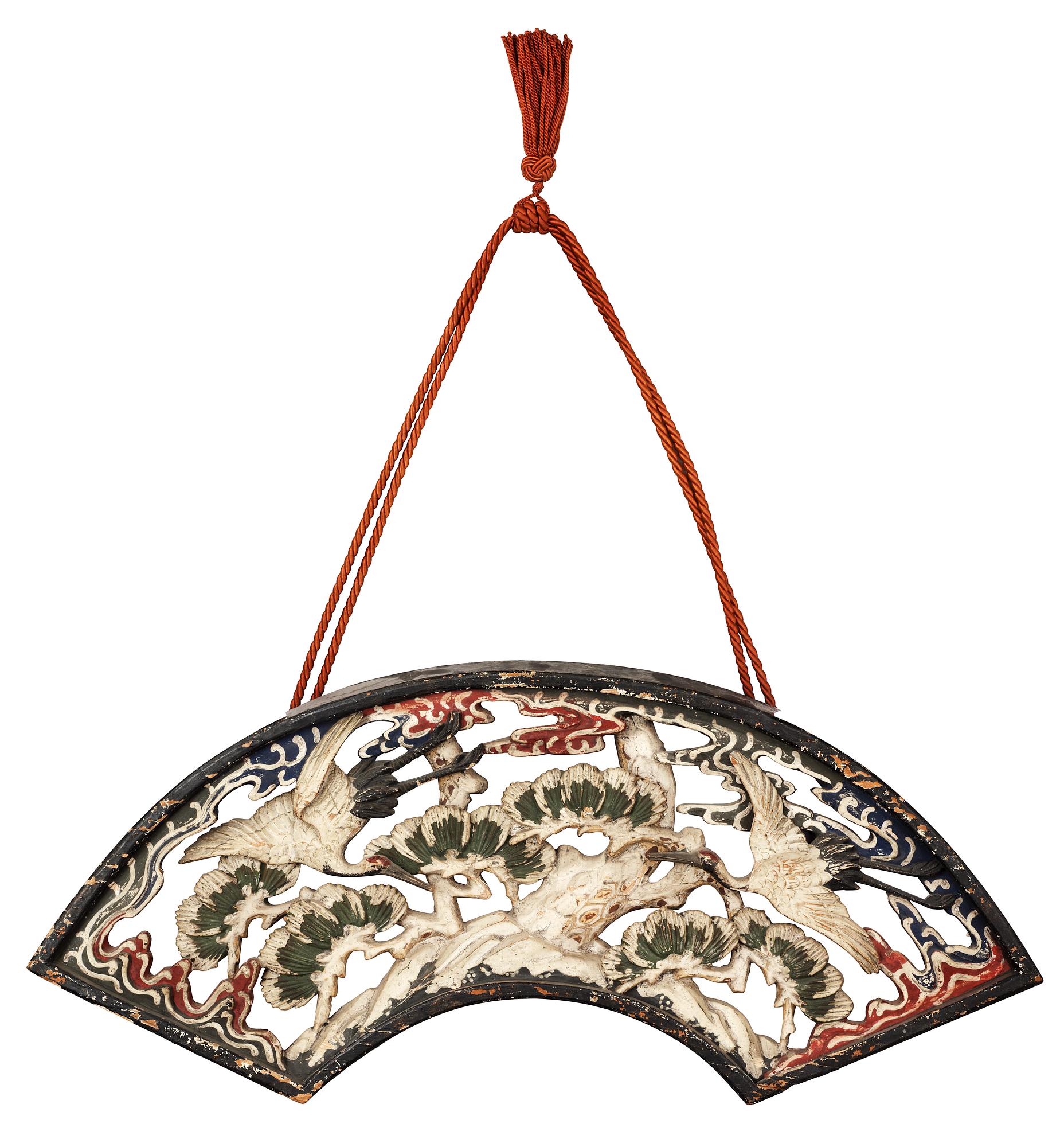 Two sun feather shaped carved and painted wooden decorative elements, with Mandarin ducks and Cranes. Qing dynasty, 19th Century.