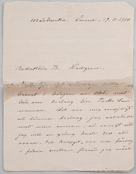 BREV, undertecknat och signerat Selma Lagerlöf, daterat Mårbacka Sunne 19.11.1914.