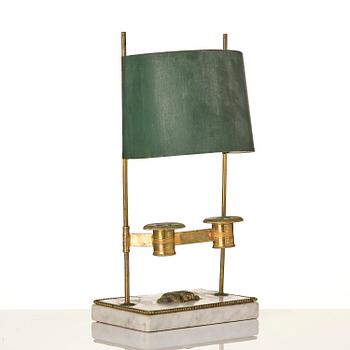 A Gusttavian gilt brass, white marble and tole two-light reading lamp, late 18th century.