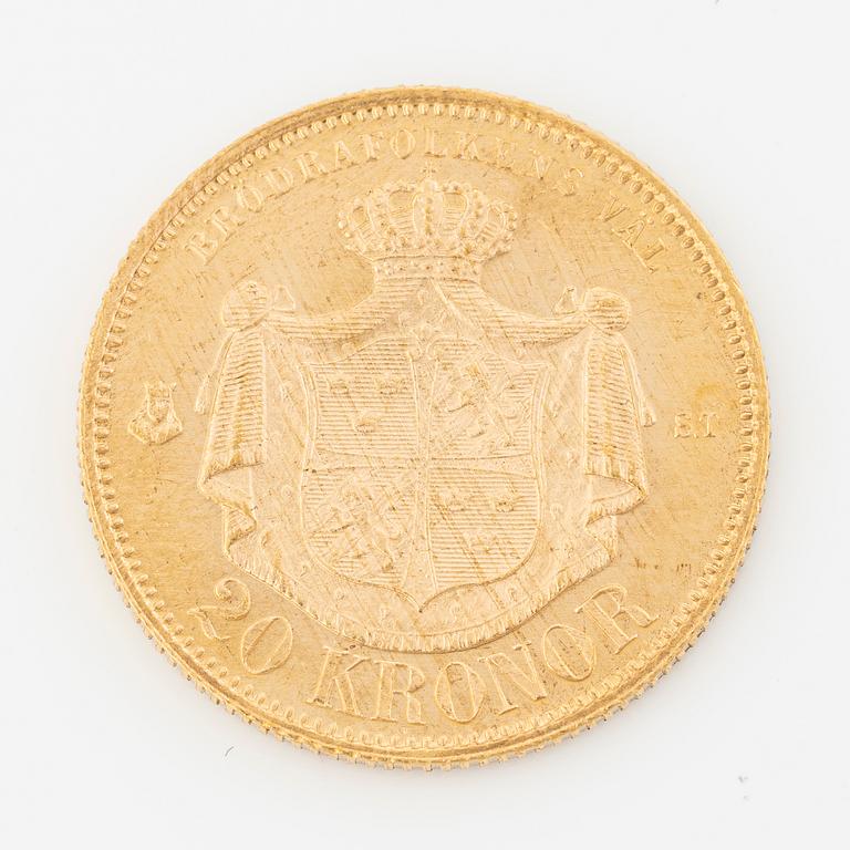 Gold coin, Oscar II, 20 kronor, type I, Sweden 1873.