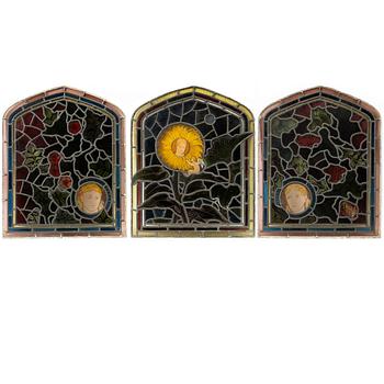 Three stained glass windows, England, circa 1900.