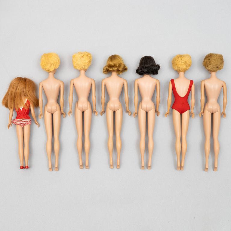 Barbiedockor, 7 st, bl a "Barbie Bubble cut", "Midge", & "Skipper", Mattel, 1960-tal.
