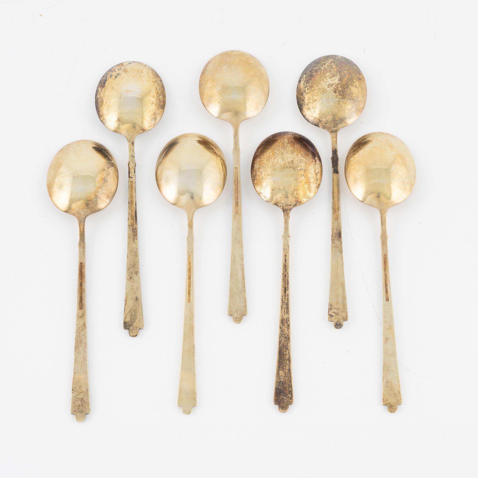 Seven silver-gilt and enamel tea spoons, Denmark mid 20th Century.