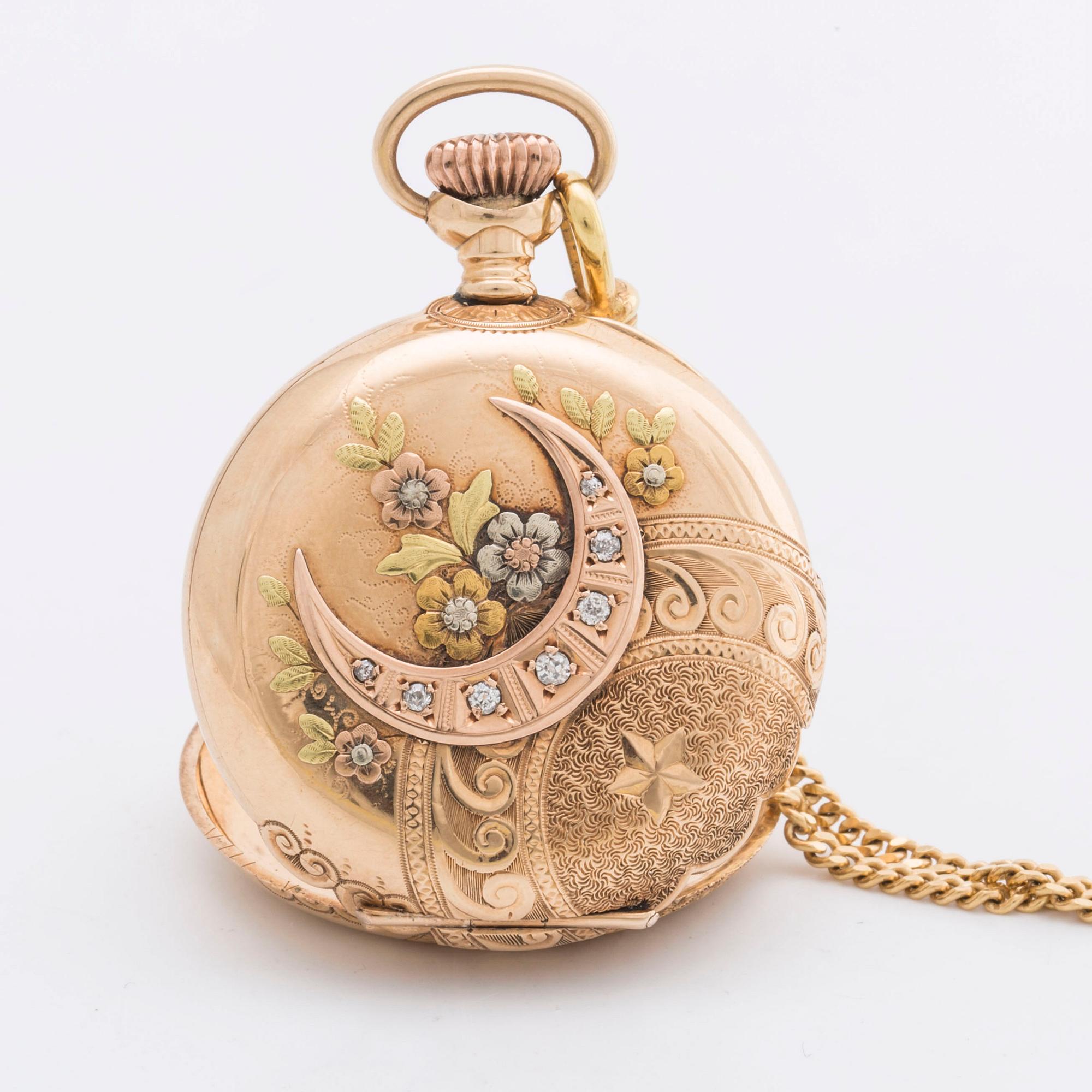POCKET WATCH 14K gold Waltham and CHAIN 18K gold w 7 old-cut diamonds, 33 mm.