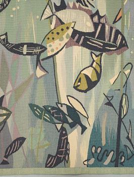 TAPESTRY. "Poissons verts" ("Green fish"). Tapestry weave (gobelängteknik). 106 x 139 cm. Signed GYNNING PF.