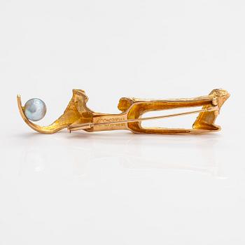 Björn Weckström, Brosch "Pulkka", 14K guld, odlad pärla. Lapponia 1970.
