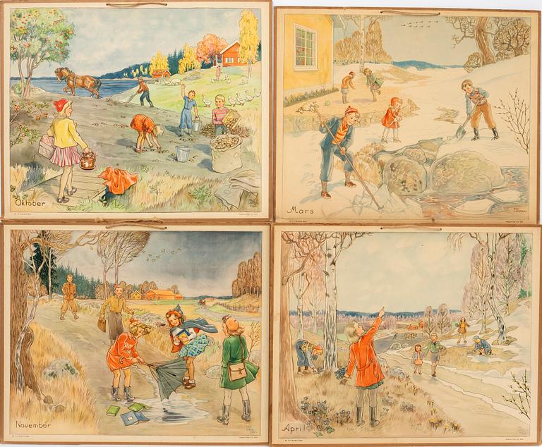 Maj Lindman, school charts, 12 pcs. P.A Norstedt & Söner, Stockholm.