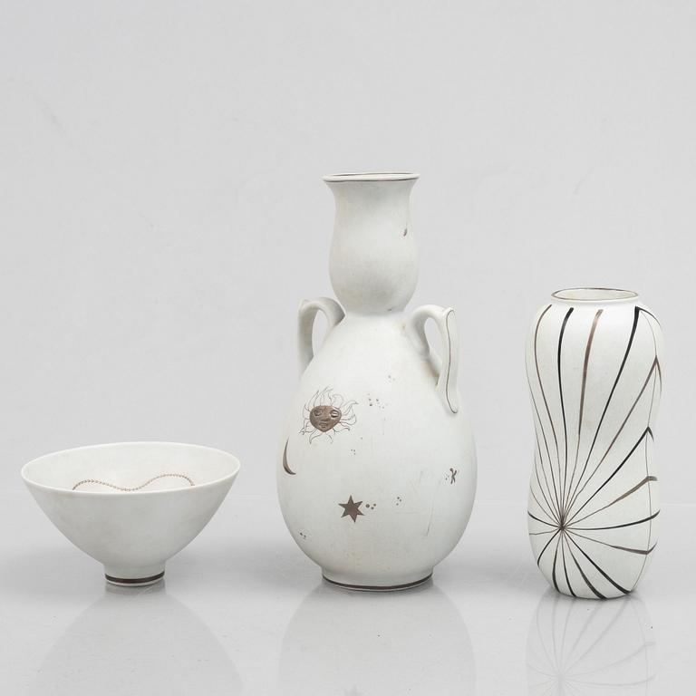 Stig Lindberg, a set of two "Grazia" stoneware vases and a bowl, Gustavsberg, 1946-69.