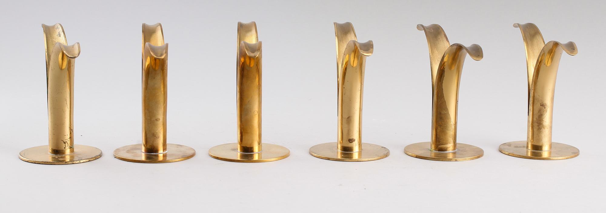 LJUSSTAKAR, 6 st, mässing, "Liljan", Ivar Ålenius Björk,  Ystad-Metall, 1900-tal.