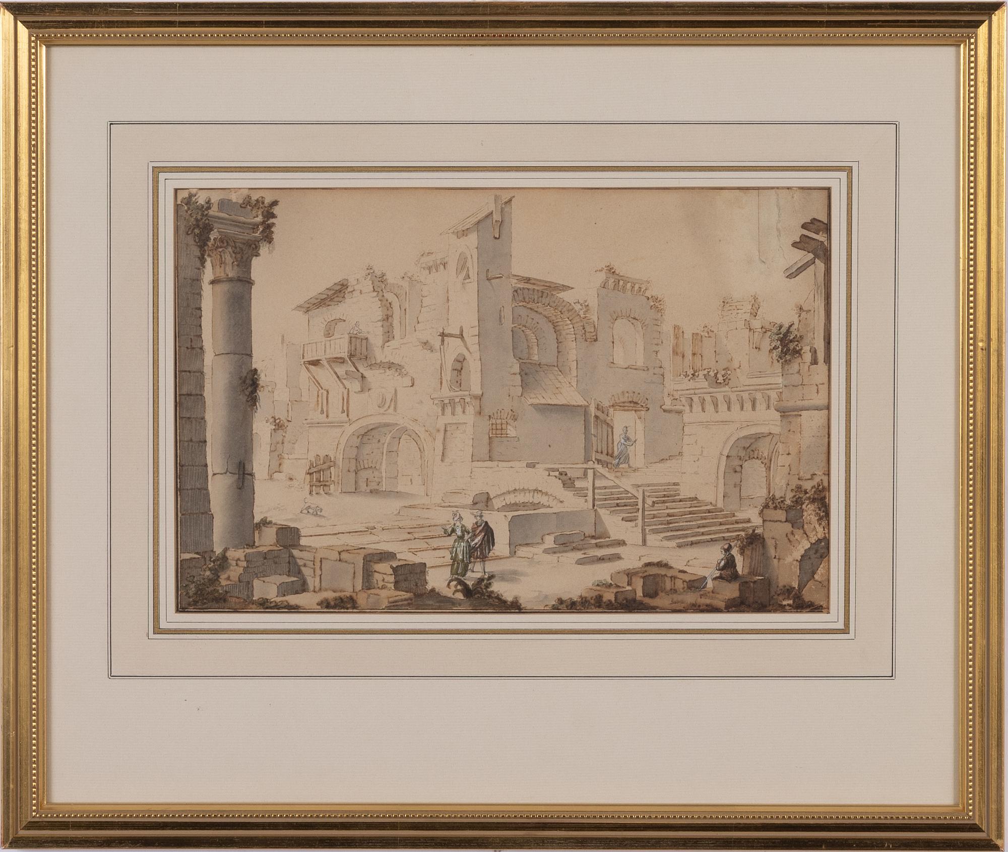 Unknown artist, 18th century, Ruin landscape with figures.