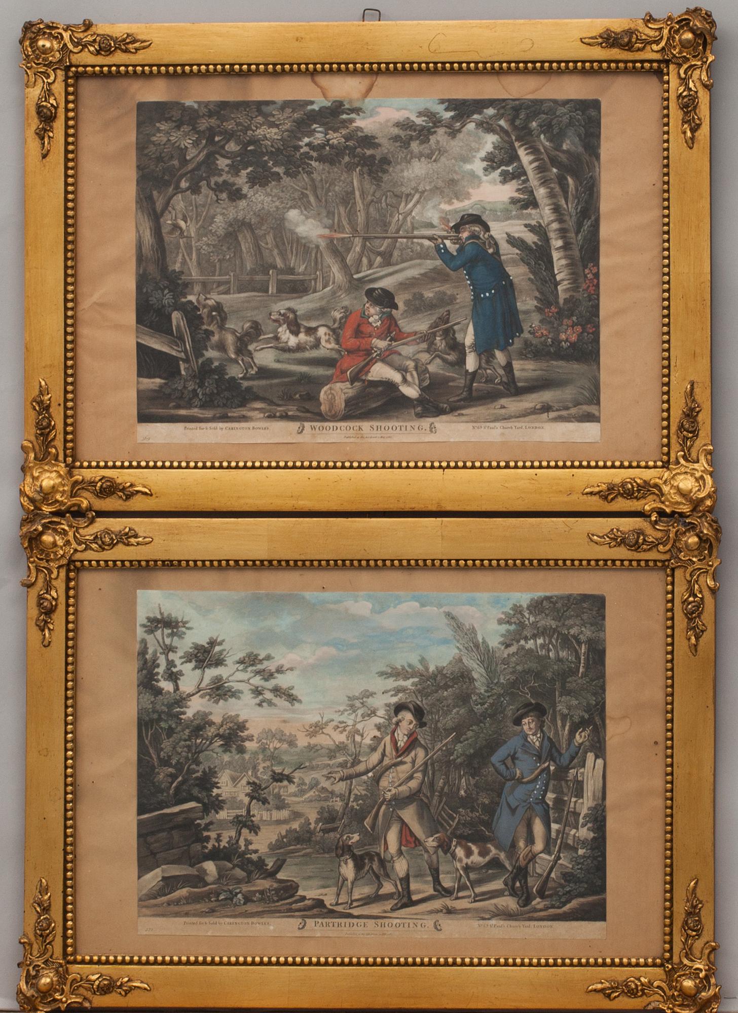 CARINGTON BOWLES, utgivna av, gravyrer, två st, handkolorerade, 1700-talets slut.