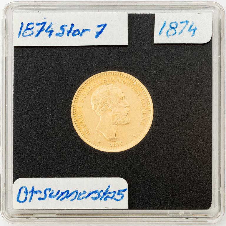 Gold coin, Oscar II, 10 kronor, type I, Sweden 1874.