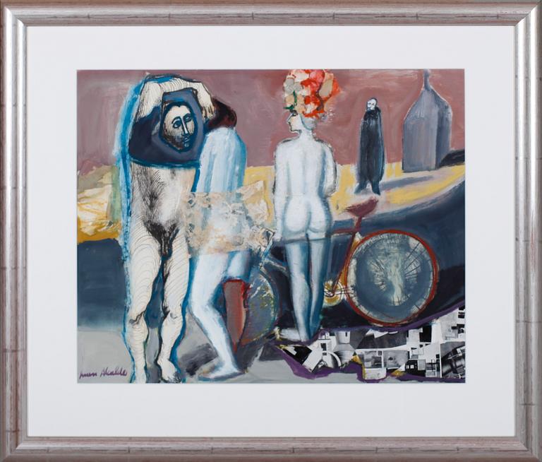 JUAN ALCALDE, gouache/collage, signerad.