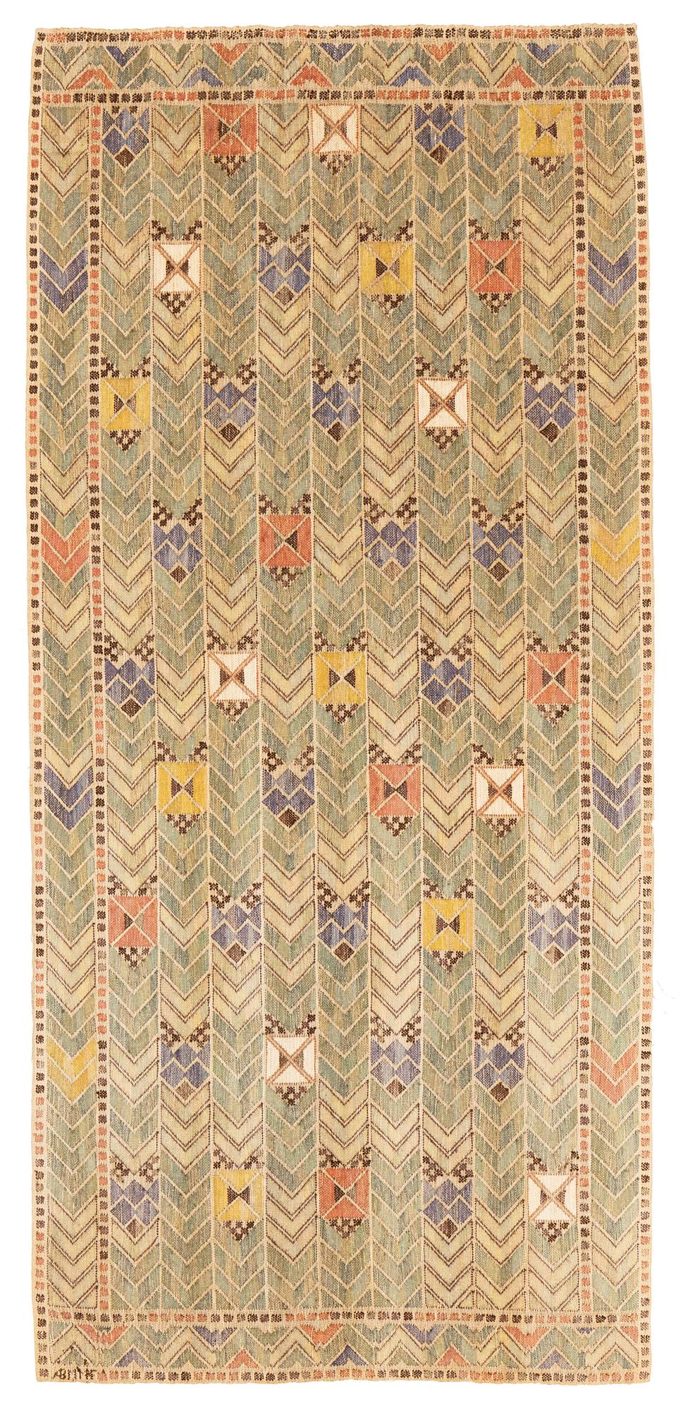 Märta Måås-Fjetterström, draperi, "Rågen", inplock på linnebotten, ca 275 x 127 cm, signerad AB MMF.