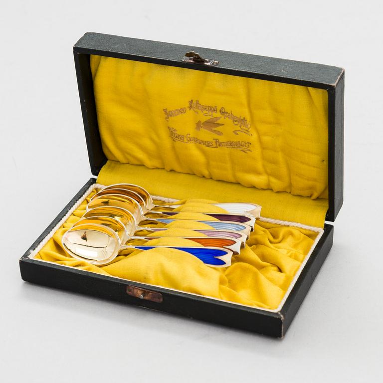 A set of six enamelled, gilt silver espresso spoons, Tillander, Helsinki 1955-56.