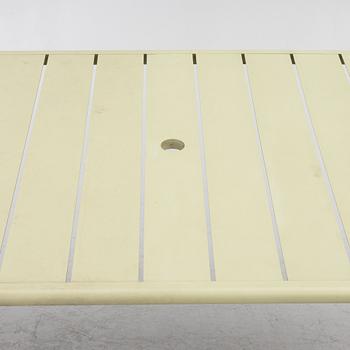 Frédéric Sofia, a table and two chairs for outdoor use, "Luxembourg" Fermob, France, 21st century.