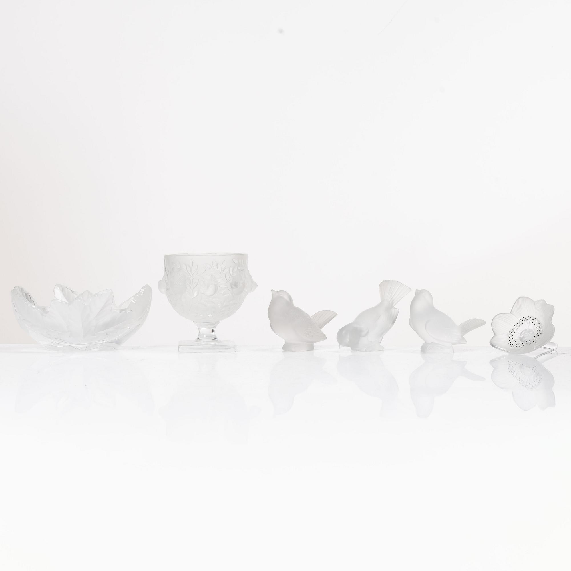 René Lalique, Six glass objects, Lalique, France, second half of the 20th century.