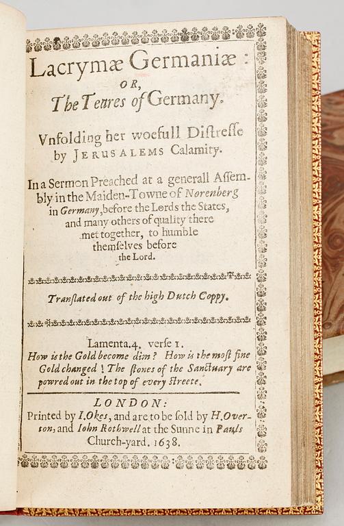 BÖCKER, 5 vol i en, bla "The Warnings of Germany by Wonderfull Signes.." av L. Brinckmair, London 1638.