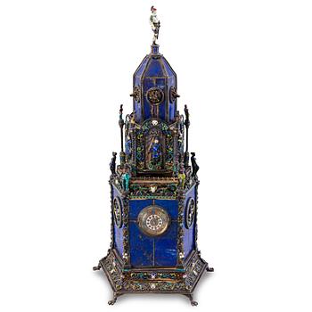 An Austrian silver, enamel and lapis lazuli mantel clock, probably by Hermann Böhm, Vienna, latter half of 19th Century.