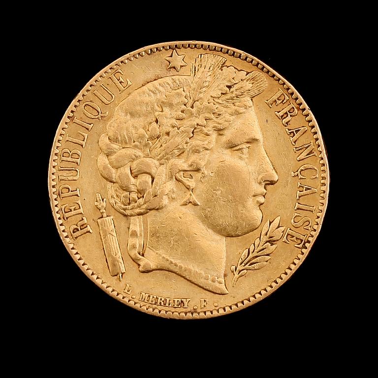 GULDMYNT, 20 franc, Frankrike 1850. Vikt ca 6 gram.