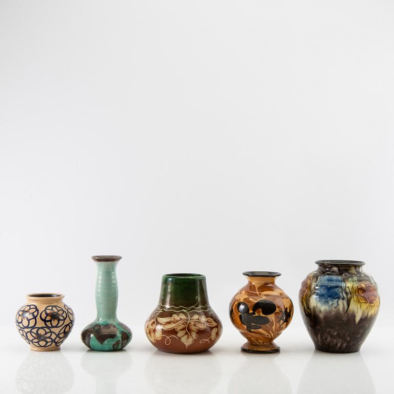 Vases 5 pcs Gabriel Burmeister and Uppsala Ekeby early 20th century glazed stoneware.