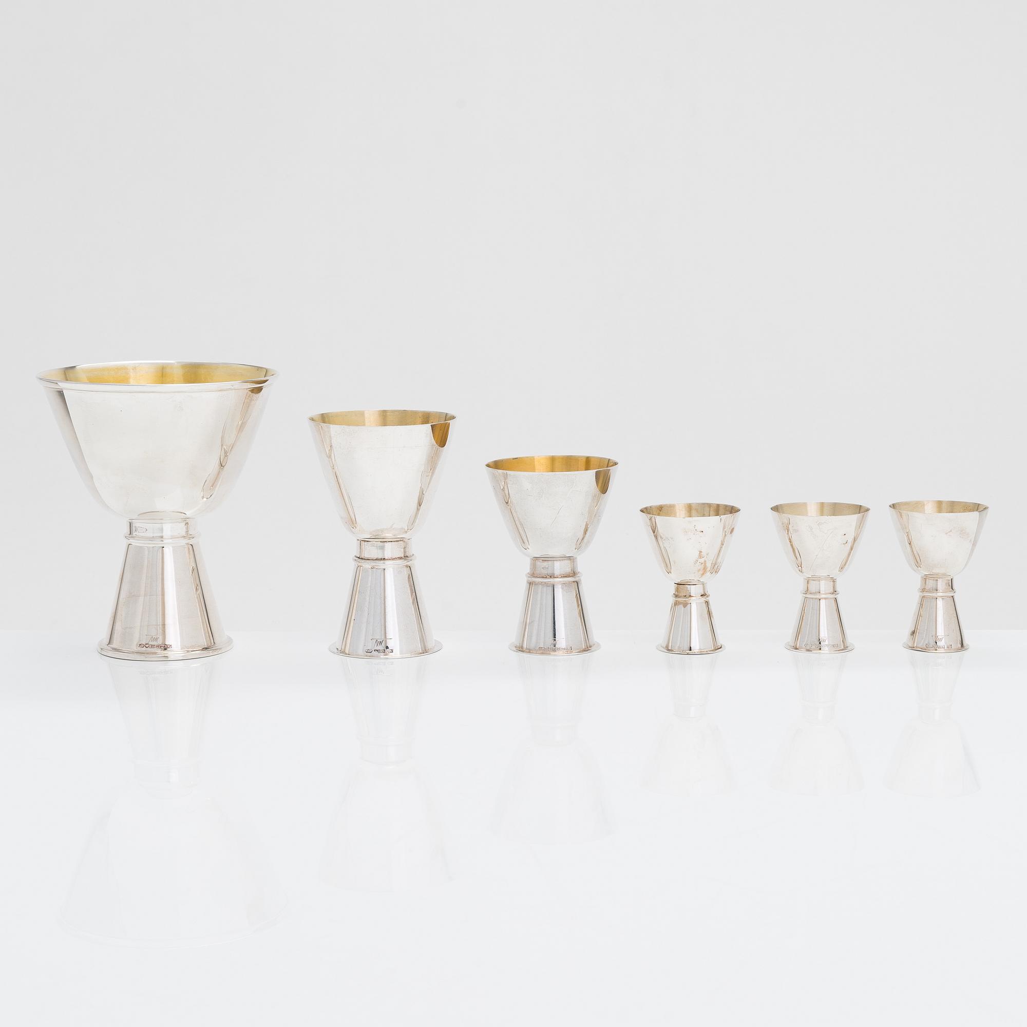 Tapio Wirkkala, pikareita, 6 kpl, hopeaa, TW 329, Kultakeskus, Hämeenlinna 1960-70-luku.