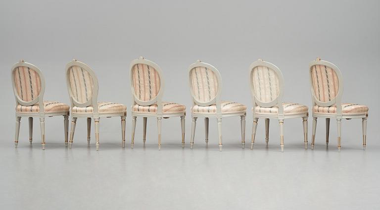 A set of six carved Gustavian chairs, one by Eric Levin (master ca 1780), late 18th century.