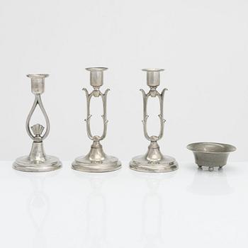 Paavo Tynell, pewter candlesticks, pair model 8025, single candlestick model 8022, and a footed bowl, Taito 1920s/30s.