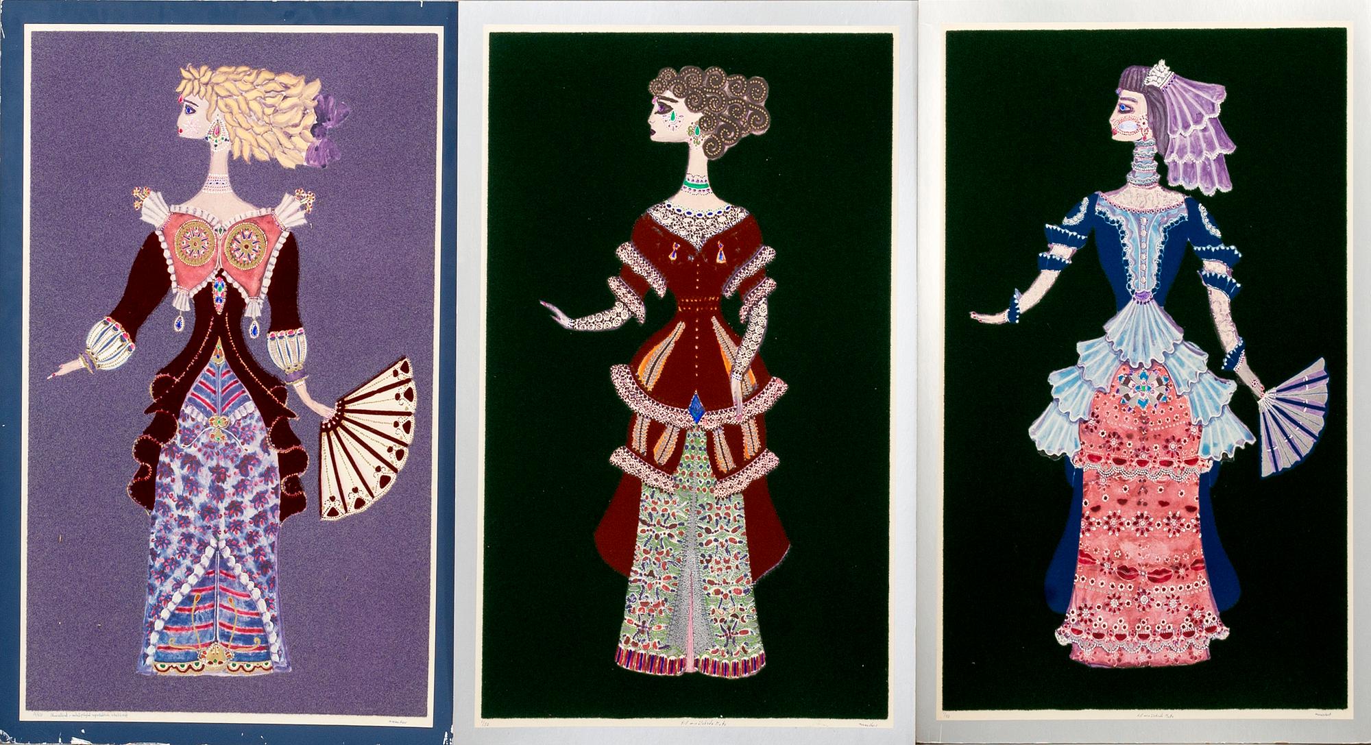 MAX WALTER SVANBERG, 3 st akvarellerade, metallpräglade reproduktioner med textilstoff, signerade och numrerade.