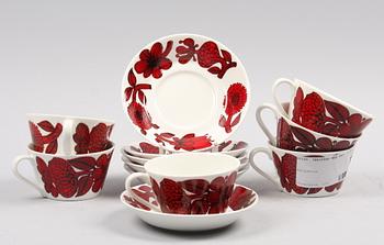 TEKOPPAR med FAT, 6 st, benporslin, "Röd Aster", Stig Lindberg, Gustavsberg, 2000-tal.